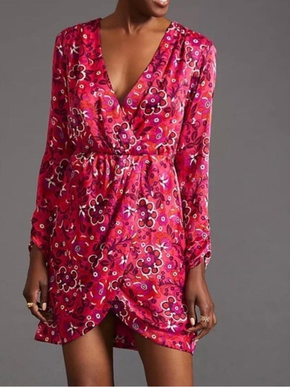 Maeve by Anthropologie Bright Pink Floral Long-Sleeve Wrap Dress